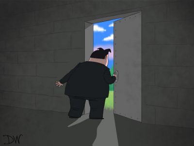 Ким Чен Ын открывает дверь в Южную Корею. Карикатура С.Елкина: t.me/elkincartoon, dw.com
